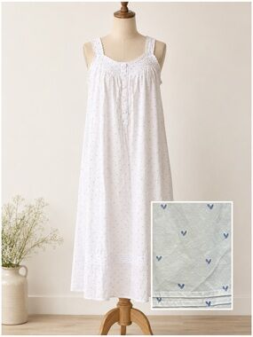 EILEEN WEST 100% Cotton White Nightgown Lace Trim Ditsy Blue Hearts Print Large